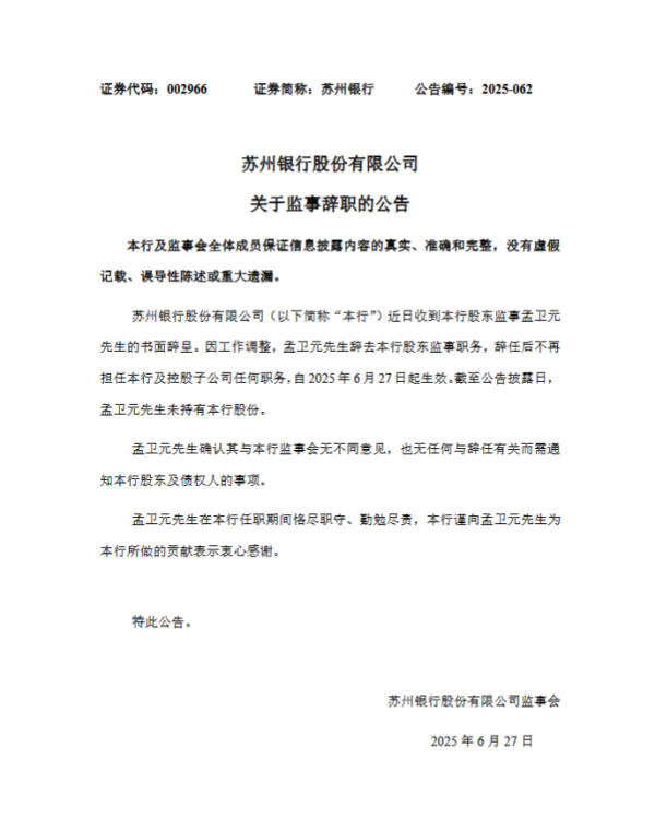 苏州银行：孟卫元因职责退换辞任激动监事
